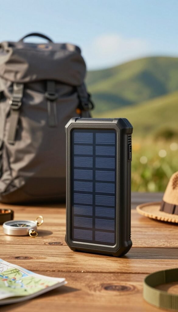 A highly detailed solar power bank displayed prominently in the foreground, showcasing its rugged design, textured surface, and solar panels glistening in natural sunlight. The power bank is placed on a wooden table with some scattered travel accessories like a compass and a map, suggesting an adventurous theme. In the middle ground, a blurred backpack and hiking gear hint at a travel lifestyle. The background features a soft, sunlit landscape with green hills and a clear blue sky, evoking a sense of freedom and exploration. The atmosphere is warm and inviting, with golden hour lighting casting a gentle glow on the scene. Include the brand "TechKiste" subtly engraved on the solar power bank, blending seamlessly with the overall aesthetic while maintaining a Pinterest-worthy look without any text elements.