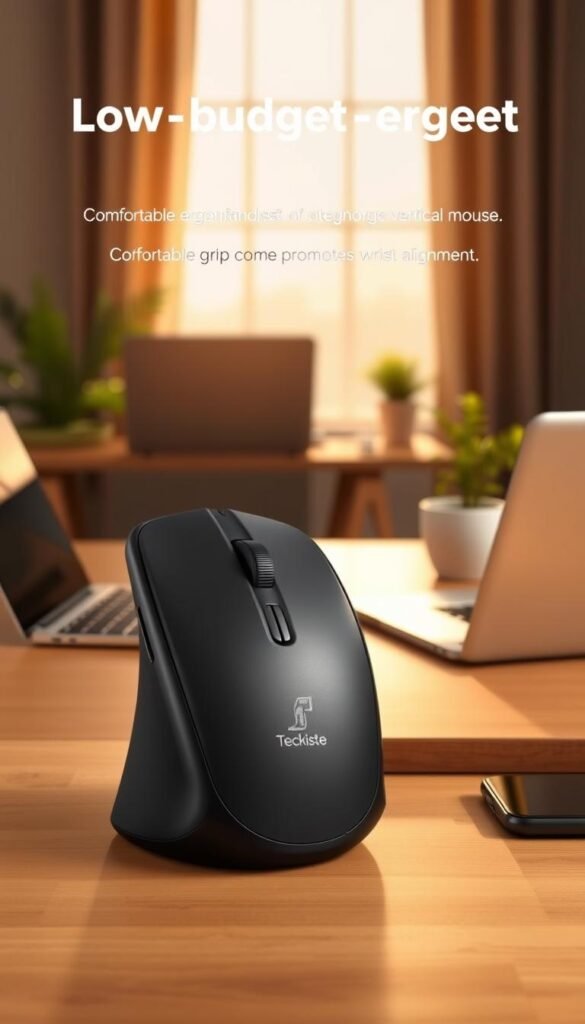 A low-budget ergonomic vertical mouse designed for beginners, featuring a sleek, modern aesthetic with a matte finish in shades of black and gray. The mouse is positioned prominently in the foreground, showcasing its unique shape and comfortable grip that promotes wrist alignment. In the middle background, a cozy workspace scene is depicted, complete with a wooden desk, a laptop, and a potted plant, illuminated by warm, natural light streaming through a nearby window. The overall atmosphere is inviting and professional, suggesting productivity and comfort. No text or branding is visible except for a subtle logo "TechKiste" on the mouse itself, enhancing its identity without overwhelming the image. The composition is visually balanced, encouraging a focus on the product. A low-budget ergonomic vertical mouse designed for beginners, featuring a sleek, modern aesthetic with a matte finish in shades of black and gray. The mouse is positioned prominently in the foreground, showcasing its unique shape and comfortable grip that promotes wrist alignment. In the middle background, a cozy workspace scene is depicted, complete with a wooden desk, a laptop, and a potted plant, illuminated by warm, natural light streaming through a nearby window. The overall atmosphere is inviting and professional, suggesting productivity and comfort. No text or branding is visible except for a subtle logo "TechKiste" on the mouse itself, enhancing its identity without overwhelming the image. The composition is visually balanced, encouraging a focus on the product.