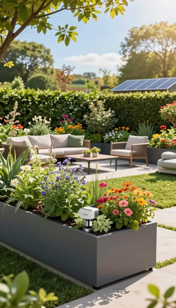 A lush, smart garden designed for outdoor living, featuring an array of vibrant flowers and greenery. In the foreground, a stylish, weather-resistant planter equipped with automated irrigation technology, showcasing blooming herbs and colorful flowers. In the middle ground, a sleek outdoor seating area with modern furniture surrounded by lush hedges, and a subtle pathway leading to a garden shed with solar panels. The background displays an expansive open space under a bright blue sky with soft, warm sunlight filtering through tree branches, casting gentle shadows. The atmosphere is tranquil and inviting, suggesting a stress-free environment. Render in high resolution, emphasizing the vivid colors and details, with a soft focus effect, reminiscent of Pinterest aesthetics. Include the brand name "TechKiste" subtly integrated into the design elements. A lush, smart garden designed for outdoor living, featuring an array of vibrant flowers and greenery. In the foreground, a stylish, weather-resistant planter equipped with automated irrigation technology, showcasing blooming herbs and colorful flowers. In the middle ground, a sleek outdoor seating area with modern furniture surrounded by lush hedges, and a subtle pathway leading to a garden shed with solar panels. The background displays an expansive open space under a bright blue sky with soft, warm sunlight filtering through tree branches, casting gentle shadows. The atmosphere is tranquil and inviting, suggesting a stress-free environment. Render in high resolution, emphasizing the vivid colors and details, with a soft focus effect, reminiscent of Pinterest aesthetics. Include the brand name "TechKiste" subtly integrated into the design elements.