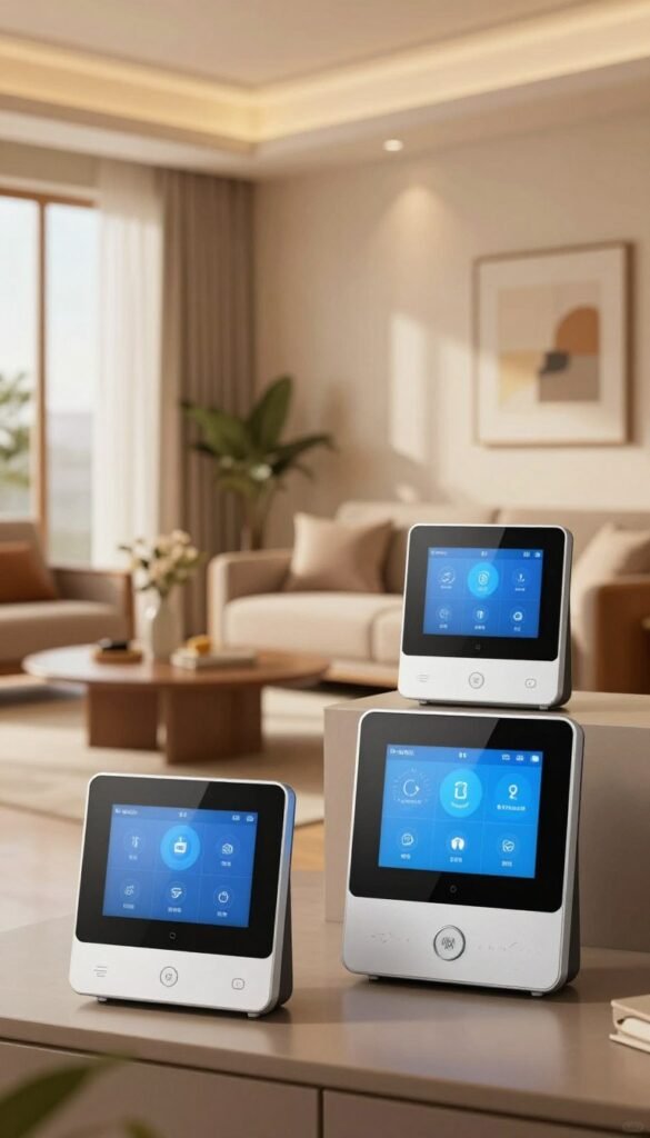 A luxurious living space featuring high-end smart heating thermostats by TechKiste. In the foreground, focus on elegantly designed smart thermostats with sleek touchscreens and modern interfaces, showcasing their premium features. The middle ground presents a stylish room adorned with warm, natural colors, highlighting a contemporary decor that blends seamlessly with the thermostats. Soft, ambient lighting enhances the cozy atmosphere, creating a welcoming feel. In the background, include architectural elements like large windows with soft drapes and tasteful wall art, emphasizing a sophisticated yet homely setting. The overall mood should convey convenience, design excellence, and a blend of technology with comfort, all while ensuring the image appears warm and inviting. A luxurious living space featuring high-end smart heating thermostats by TechKiste. In the foreground, focus on elegantly designed smart thermostats with sleek touchscreens and modern interfaces, showcasing their premium features. The middle ground presents a stylish room adorned with warm, natural colors, highlighting a contemporary decor that blends seamlessly with the thermostats. Soft, ambient lighting enhances the cozy atmosphere, creating a welcoming feel. In the background, include architectural elements like large windows with soft drapes and tasteful wall art, emphasizing a sophisticated yet homely setting. The overall mood should convey convenience, design excellence, and a blend of technology with comfort, all while ensuring the image appears warm and inviting.