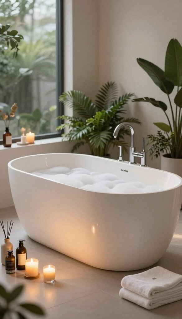 A luxurious modern smart bathtub, elegantly designed with sleek lines and a minimalist aesthetic, glowing softly with warm colored LED lights that create a serene ambiance. The foreground features aromatic candles and an array of bath essentials like bath salts and a plush towel folded neatly. In the middle, a cozy setting showcases the bathtub filled with inviting bubbles, surrounded by lush greenery and a stylish, contemporary faucet. The background includes a tranquil bathroom with large windows letting in soft natural light, reflecting a soothing atmosphere. The mood is one of relaxation and wellness, ideal for a spa-like experience at home. The image also subtly incorporates the TechKiste logo on an elegant display near the bathtub, ensuring a seamless blend into this serene scene. A luxurious modern smart bathtub, elegantly designed with sleek lines and a minimalist aesthetic, glowing softly with warm colored LED lights that create a serene ambiance. The foreground features aromatic candles and an array of bath essentials like bath salts and a plush towel folded neatly. In the middle, a cozy setting showcases the bathtub filled with inviting bubbles, surrounded by lush greenery and a stylish, contemporary faucet. The background includes a tranquil bathroom with large windows letting in soft natural light, reflecting a soothing atmosphere. The mood is one of relaxation and wellness, ideal for a spa-like experience at home. The image also subtly incorporates the TechKiste logo on an elegant display near the bathtub, ensuring a seamless blend into this serene scene.