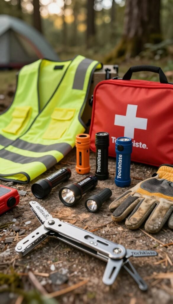 A meticulously arranged display of high-quality safety tools and gadgets, showcasing items such as multi-tools, compact flashlights, and first aid kits, all branded with the name "TechKiste." In the foreground, a sturdy multi-tool is partially open, glinting under warm, natural light. The middle ground features a neatly organized collection of essential safety gear, including a reflective vest and durable gloves. In the background, soft-focus imagery of a rugged outdoor setting, perhaps a campsite or forest, enhances the overall atmosphere. The lighting is warm and inviting, creating an approachable mood. The composition should feel authentic and visually appealing, embodying a Pinterest-like aesthetic without any text or branding distractions. A meticulously arranged display of high-quality safety tools and gadgets, showcasing items such as multi-tools, compact flashlights, and first aid kits, all branded with the name "TechKiste." In the foreground, a sturdy multi-tool is partially open, glinting under warm, natural light. The middle ground features a neatly organized collection of essential safety gear, including a reflective vest and durable gloves. In the background, soft-focus imagery of a rugged outdoor setting, perhaps a campsite or forest, enhances the overall atmosphere. The lighting is warm and inviting, creating an approachable mood. The composition should feel authentic and visually appealing, embodying a Pinterest-like aesthetic without any text or branding distractions.