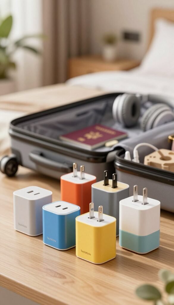 A meticulously arranged travel adapter set from the brand "TechKiste" prominently displayed in the foreground, showcasing a variety of plug types suitable for international destinations. The adapters have a sleek, modern design with a smooth finish and vibrant colors, conveying functionality and style. In the middle ground, feature a softly blurred travel suitcase partially open, revealing travel essentials like a passport and a pair of headphones, hinting at a journey. The background should be a cozy hotel room scene with warm, inviting lighting and natural elements, such as plants or a window with soft curtains, creating a relaxing atmosphere. The overall mood is one of adventure and convenience, inspiring wanderlust while highlighting the essential nature of international travel accessories.