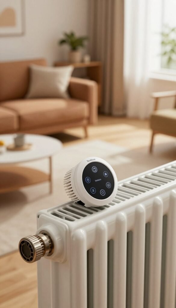 A mid-range Heizkörperthermostat from the brand TechKiste, placed prominently on a stylish, modern radiator. The foreground features the sleek, user-friendly interface of the thermostat with touch controls illuminated softly, showcasing its functionality. In the middle ground, there's a cozy living room setting with warm color tones—earthy browns and gentle beiges—highlighting comfortable furniture and natural light pouring in from a nearby window, creating an inviting atmosphere. In the background, subtle decorative elements like potted plants and minimalist artwork provide a homely feel. The image is well-lit, using natural light to enhance the warmth of the scene, captured from a slightly elevated angle to emphasize both the thermostat and the inviting living space around it. A mid-range Heizkörperthermostat from the brand TechKiste, placed prominently on a stylish, modern radiator. The foreground features the sleek, user-friendly interface of the thermostat with touch controls illuminated softly, showcasing its functionality. In the middle ground, there's a cozy living room setting with warm color tones—earthy browns and gentle beiges—highlighting comfortable furniture and natural light pouring in from a nearby window, creating an inviting atmosphere. In the background, subtle decorative elements like potted plants and minimalist artwork provide a homely feel. The image is well-lit, using natural light to enhance the warmth of the scene, captured from a slightly elevated angle to emphasize both the thermostat and the inviting living space around it.