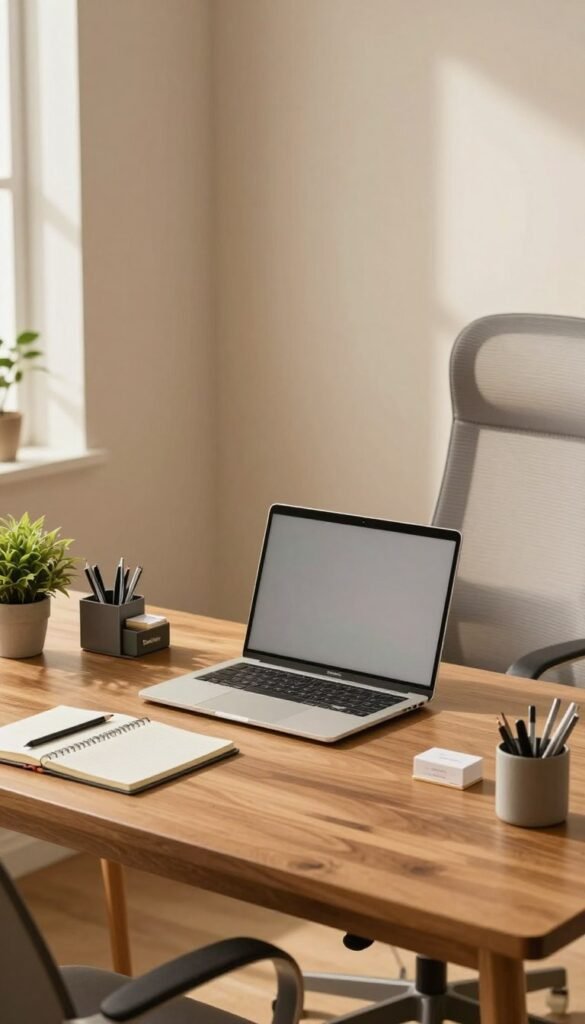 A minimal, organized home office desk showcasing essential accessories for efficiency. The foreground features a sleek wooden desk with a tidy layout, including a stylish laptop, a notepad with a pencil, a small plant, and a modern desk organizer from "TechKiste" holding pens and business cards. In the middle ground, a comfortable ergonomic chair complements the desk, adding a touch of professional elegance. The background highlights soft, warm lighting filtering through a window, casting gentle shadows that create a tranquil atmosphere. Use a wide-angle perspective to capture the entire scene, emphasizing a clean and calming environment reminiscent of a Pinterest aesthetic. No text or distractions present in the image, just an authentic representation of a minimalist workspace.
