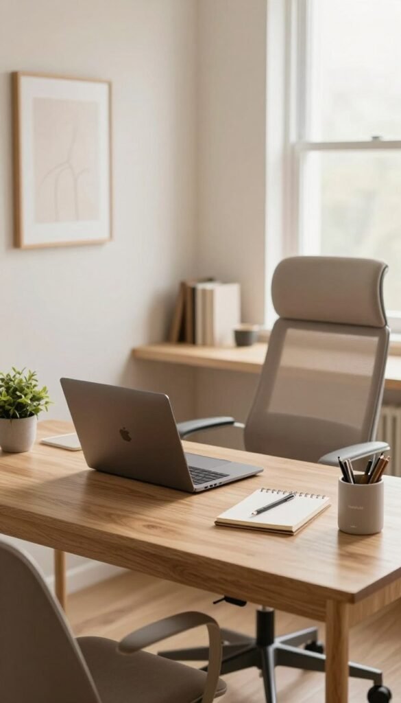A minimalistic home office scene featuring essential desk accessories that promote organization and efficiency. In the foreground, a stylish desk made from light wood with a sleek design, adorned with a neatly arranged laptop, a small potted plant, a notepad, and a chic pen holder branded "TechKiste". The middle layer showcases a comfortable ergonomic chair in a soft fabric, and a light-colored wall adorned with minimalistic artwork. The background features a large window letting in natural light, illuminating the warm, inviting atmosphere. The overall mood is serene and productive, with warm color tones enhancing the cozy, Pinterest-inspired aesthetic of the space. The image should convey a sense of professionalism, perfectly suited for anyone creating an efficient workspace.