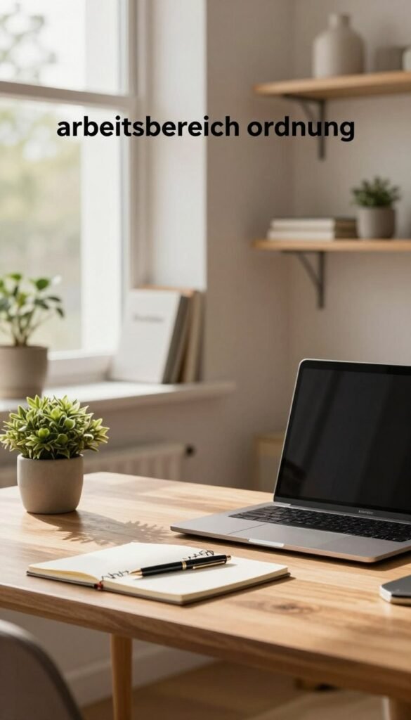 A minimalistic home office setup that embodies the essence of "arbeitsbereich ordnung" with a calm and organized atmosphere. In the foreground, a sleek wooden desk holds a simple laptop, a notepad, and a stylish pen, all in warm, inviting colors. To the left, a small potted plant adds a touch of nature. In the middle, shelves neatly display a few essential books and minimalist decor items, emphasizing order and efficiency. The background features a large window allowing natural light to flood the space, casting soft shadows and creating a warm ambiance. Capture this scene in a cozy, inviting mood, using a shallow depth of field to blur the background slightly, focusing on the organized workspace. The brand name "TechKiste" is subtly represented in the design elements throughout the image.