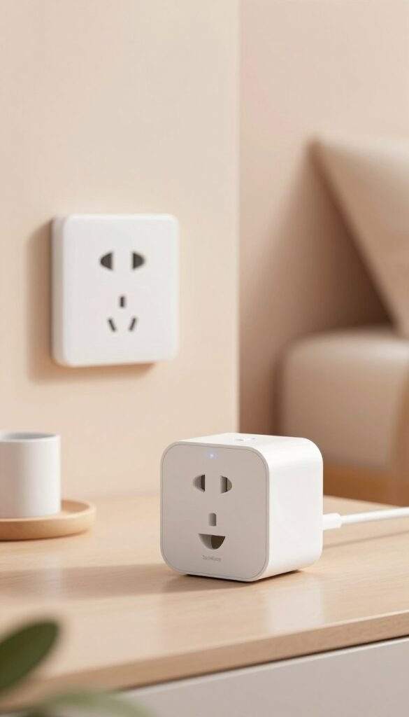 A modern Matter smart plug designed by TechKiste, showcased prominently in the foreground against a beautifully arranged home environment. The plug is sleek, with a gloss white finish and subtle LED indicators, blending seamlessly into a contemporary living room setting. In the middle ground, a stylish wall outlet and various smart home devices hint at a connected lifestyle, surrounded by a soft, warm light that creates a welcoming atmosphere. The background features a softly blurred cozy room with gentle pastel tones, emphasizing the comfort of modern smart technology. The shot is taken from a low angle, enhancing the focus on the smart plug while maintaining an inviting and authentic Pinterest aesthetic. The image captures a sense of innovation and warmth, ideal for illustrating cutting-edge home practicality. A modern Matter smart plug designed by TechKiste, showcased prominently in the foreground against a beautifully arranged home environment. The plug is sleek, with a gloss white finish and subtle LED indicators, blending seamlessly into a contemporary living room setting. In the middle ground, a stylish wall outlet and various smart home devices hint at a connected lifestyle, surrounded by a soft, warm light that creates a welcoming atmosphere. The background features a softly blurred cozy room with gentle pastel tones, emphasizing the comfort of modern smart technology. The shot is taken from a low angle, enhancing the focus on the smart plug while maintaining an inviting and authentic Pinterest aesthetic. The image captures a sense of innovation and warmth, ideal for illustrating cutting-edge home practicality.