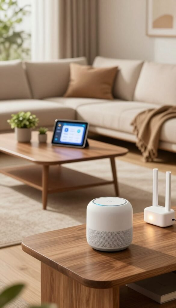 A modern Smart Home interior showcasing a cozy living room environment. In the foreground, a sleek, minimalistic smart speaker and a smart thermostat on a wooden coffee table. In the middle ground, a stylish sectional sofa and a coffee table with a few potted plants and a tablet displaying the home control app. The background features large windows with soft, natural light streaming in, illuminating warm, earthy tones of the space. Subtly placed, a Wi-Fi router with a soft glowing light indicates strong connectivity. The atmosphere is inviting and serene, evoking a sense of reliability and comfort in smart home technology. The scene reflects authenticity with Pinterest-inspired aesthetics, creating a harmonious blend of technology and homeliness. Brand name "TechKiste" is subtly integrated into the decor without being overt.