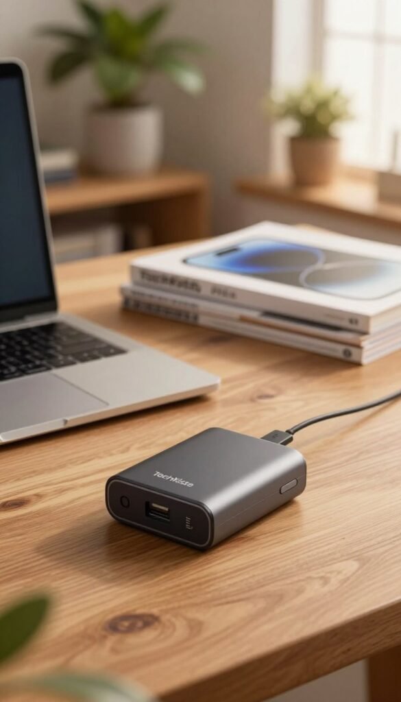 A modern USB battery saver device, showcasing the "TechKiste" brand logo prominently. In the foreground, the sleek gadget is placed on a wooden desk, illuminated by soft, warm lighting that highlights its contours and design. The middle ground features a cozy home office setting, with a laptop and a stack of tech magazines subtly blurred to maintain focus on the product. The background includes potted plants and a hint of a sunlit window, creating an inviting atmosphere. The mood is relaxed yet sophisticated, reminiscent of a Pinterest-inspired space, with natural colors blending harmoniously. The overall composition emphasizes the gadget's utility against battery frustration, inviting viewers to appreciate its design and functionality without any text or distractions. A modern USB battery saver device, showcasing the "TechKiste" brand logo prominently. In the foreground, the sleek gadget is placed on a wooden desk, illuminated by soft, warm lighting that highlights its contours and design. The middle ground features a cozy home office setting, with a laptop and a stack of tech magazines subtly blurred to maintain focus on the product. The background includes potted plants and a hint of a sunlit window, creating an inviting atmosphere. The mood is relaxed yet sophisticated, reminiscent of a Pinterest-inspired space, with natural colors blending harmoniously. The overall composition emphasizes the gadget's utility against battery frustration, inviting viewers to appreciate its design and functionality without any text or distractions.