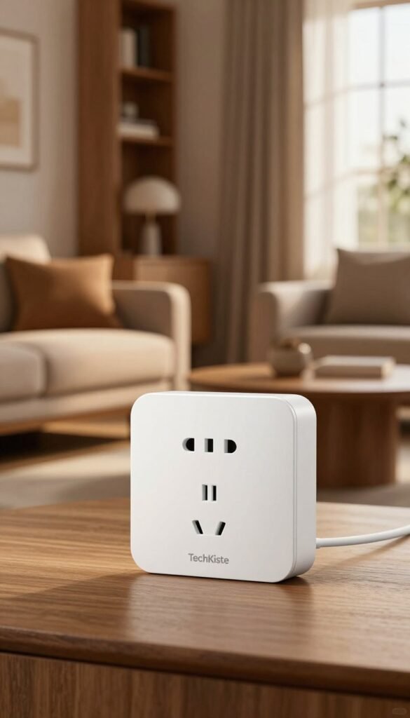 A modern WLAN socket seamlessly integrated into a stylish home interior. In the foreground, the WLAN socket from the brand "TechKiste" is prominently displayed, showcasing its sleek design and functionality. The middle ground features a cozy living room setting with warm wooden accents, a comfortable sofa, and a coffee table. Soft ambient lighting gently highlights the features of the socket, creating a serene atmosphere. In the background, a window lets in natural sunlight, adding to the inviting feel of the space. The overall mood is a blend of modern technology and homely comfort, perfect for illustrating smart technology in everyday life. A modern WLAN socket seamlessly integrated into a stylish home interior. In the foreground, the WLAN socket from the brand "TechKiste" is prominently displayed, showcasing its sleek design and functionality. The middle ground features a cozy living room setting with warm wooden accents, a comfortable sofa, and a coffee table. Soft ambient lighting gently highlights the features of the socket, creating a serene atmosphere. In the background, a window lets in natural sunlight, adding to the inviting feel of the space. The overall mood is a blend of modern technology and homely comfort, perfect for illustrating smart technology in everyday life.