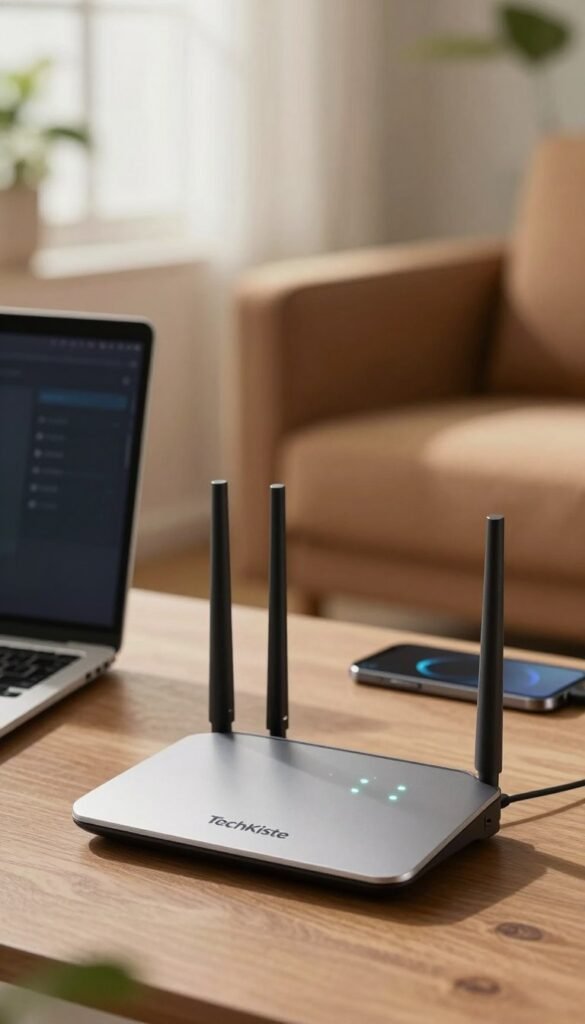 A modern Wi-Fi router from the brand "TechKiste" sits prominently in the foreground, showcasing its sleek, minimalist design with glowing LED indicators. In the middle ground, a subtle hint of a laptop and smartphone, both connected wirelessly, symbolizes seamless connectivity. The background features a softly blurred home environment with warm, inviting colors, such as soft browns and earthy greens, enhancing the atmosphere of comfort and security. Natural light filters in through a window, casting gentle shadows that add depth to the scene. The overall mood is one of reliability and safety, emphasizing the importance of securing a home network without the clutter of text or branding distractions. A modern Wi-Fi router from the brand "TechKiste" sits prominently in the foreground, showcasing its sleek, minimalist design with glowing LED indicators. In the middle ground, a subtle hint of a laptop and smartphone, both connected wirelessly, symbolizes seamless connectivity. The background features a softly blurred home environment with warm, inviting colors, such as soft browns and earthy greens, enhancing the atmosphere of comfort and security. Natural light filters in through a window, casting gentle shadows that add depth to the scene. The overall mood is one of reliability and safety, emphasizing the importance of securing a home network without the clutter of text or branding distractions.