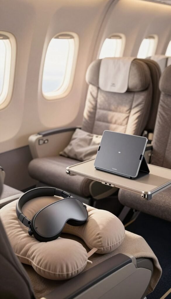 A modern airplane interior showcasing comfort gadgets designed for travel, featuring a well-lit, spacious cabin with plush seating arranged in a semi-circle. In the foreground, a sleek, portable sleep mask and noise-canceling headphones resting on a soft travel pillow, enhancing relaxation. The middle section includes an ergonomic travel blanket draped over a seat, while an innovative personal device, like a folding tablet stand with a sleek design, is positioned on a nearby tray table. The background should show large windows filtering in warm natural light, creating a calming atmosphere that evokes peace and focus amidst travel. The overall color palette includes warm tones, emphasizing a Pinterest-inspired aesthetic. The visible brand, “TechKiste,” subtly displayed on the sleep mask. A modern airplane interior showcasing comfort gadgets designed for travel, featuring a well-lit, spacious cabin with plush seating arranged in a semi-circle. In the foreground, a sleek, portable sleep mask and noise-canceling headphones resting on a soft travel pillow, enhancing relaxation. The middle section includes an ergonomic travel blanket draped over a seat, while an innovative personal device, like a folding tablet stand with a sleek design, is positioned on a nearby tray table. The background should show large windows filtering in warm natural light, creating a calming atmosphere that evokes peace and focus amidst travel. The overall color palette includes warm tones, emphasizing a Pinterest-inspired aesthetic. The visible brand, “TechKiste,” subtly displayed on the sleep mask.