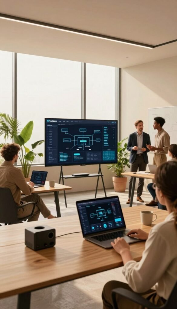 A modern and innovative "systeme" concept showcased in a sleek office environment. In the foreground, a stylish desk with high-tech gadgets and a laptop displaying a complex interface, symbolizing advanced systems integration. In the middle, a large digital screen presenting data analytics and flowcharts, surrounded by potted plants for a fresh touch. In the background, large windows allow natural light to flood the room, illuminating the warm color palette - soft yellows and earthy tones creating a comfortable yet professional atmosphere. Incorporate elements of collaboration, like a diverse group of professionals in business attire discussing ideas, emphasizing teamwork and creativity. The overall mood is inspiring and forward-thinking, reflecting innovation in system alternatives. Include a subtle brand presence of "TechKiste." A modern and innovative "systeme" concept showcased in a sleek office environment. In the foreground, a stylish desk with high-tech gadgets and a laptop displaying a complex interface, symbolizing advanced systems integration. In the middle, a large digital screen presenting data analytics and flowcharts, surrounded by potted plants for a fresh touch. In the background, large windows allow natural light to flood the room, illuminating the warm color palette - soft yellows and earthy tones creating a comfortable yet professional atmosphere. Incorporate elements of collaboration, like a diverse group of professionals in business attire discussing ideas, emphasizing teamwork and creativity. The overall mood is inspiring and forward-thinking, reflecting innovation in system alternatives. Include a subtle brand presence of "TechKiste."