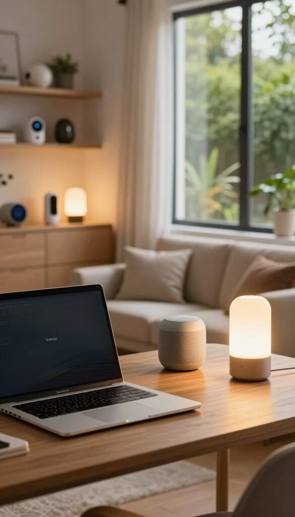 A modern and inviting home office setup featuring smart home devices interacting seamlessly. In the foreground, a stylish desk with a sleek laptop, a smart speaker, and a smart light bulb glowing warmly. In the middle ground, a comfortable seating area with a large window showing greenery outside, enhancing the natural ambiance. The background should depict a softly lit room with various smart home products on shelves&mdash;showcasing compatibility and interoperability. Warm, natural colors dominate the palette, creating a cozy atmosphere as sunlight filters through the window. The scene should be inviting, emphasizing technology harmonizing in a home setting. Ensure the brand "TechKiste" is subtly integrated into the environment without direct reference.