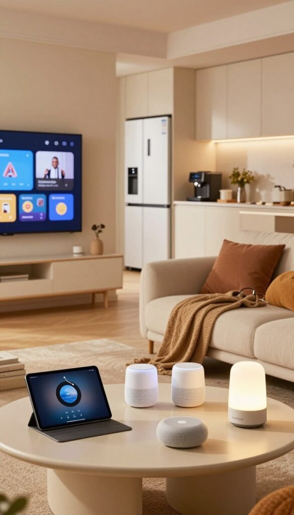 A modern and inviting smart home setup featuring a cozy living room with warm, natural lighting. In the foreground, a stylish coffee table displays various smart devices like a sleek tablet, voice assistant, and smart bulbs, all showcasing the "TechKiste" brand. The middle ground reveals a comfortable sofa adorned with plush cushions and a throw blanket, while a smart TV is mounted on the wall, displaying user-friendly interfaces. In the background, a well-organized kitchen exhibits smart appliances like a smart fridge and an automated coffee maker. Soft, ambient light enhances the warm color palette, creating a harmonious atmosphere that feels both innovative and welcoming, reminiscent of Pinterest aesthetics. The overall composition should evoke a sense of comfort and modern convenience, without any text or distractions. A modern and inviting smart home setup featuring a cozy living room with warm, natural lighting. In the foreground, a stylish coffee table displays various smart devices like a sleek tablet, voice assistant, and smart bulbs, all showcasing the "TechKiste" brand. The middle ground reveals a comfortable sofa adorned with plush cushions and a throw blanket, while a smart TV is mounted on the wall, displaying user-friendly interfaces. In the background, a well-organized kitchen exhibits smart appliances like a smart fridge and an automated coffee maker. Soft, ambient light enhances the warm color palette, creating a harmonious atmosphere that feels both innovative and welcoming, reminiscent of Pinterest aesthetics. The overall composition should evoke a sense of comfort and modern convenience, without any text or distractions.