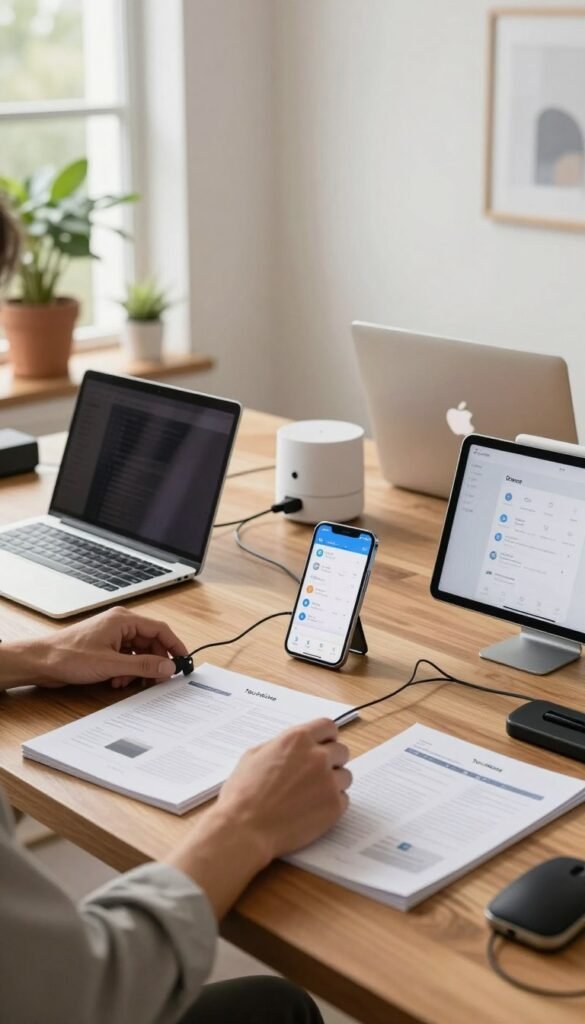 A modern and inviting workspace scene focused on the installation of various tech devices, such as laptops, tablets, and smart home devices on a polished wooden desk. In the foreground, a hands-on view of a person in professional attire, skillfully connecting cables and configuring settings, surrounded by user manuals and tools. The middle ground features a sleek, stylish smartphone displaying an app interface, with icons representing different setup steps. In the background, soft natural lighting filters in through a large window, illuminating potted plants and a clean, minimalist wall design, evoking a warm, Pinterest-inspired atmosphere. The brand name "TechKiste" subtly incorporated into the desktop environment, enhancing the scene’s authenticity and theme without any text overlays. A modern and inviting workspace scene focused on the installation of various tech devices, such as laptops, tablets, and smart home devices on a polished wooden desk. In the foreground, a hands-on view of a person in professional attire, skillfully connecting cables and configuring settings, surrounded by user manuals and tools. The middle ground features a sleek, stylish smartphone displaying an app interface, with icons representing different setup steps. In the background, soft natural lighting filters in through a large window, illuminating potted plants and a clean, minimalist wall design, evoking a warm, Pinterest-inspired atmosphere. The brand name "TechKiste" subtly incorporated into the desktop environment, enhancing the scene’s authenticity and theme without any text overlays.