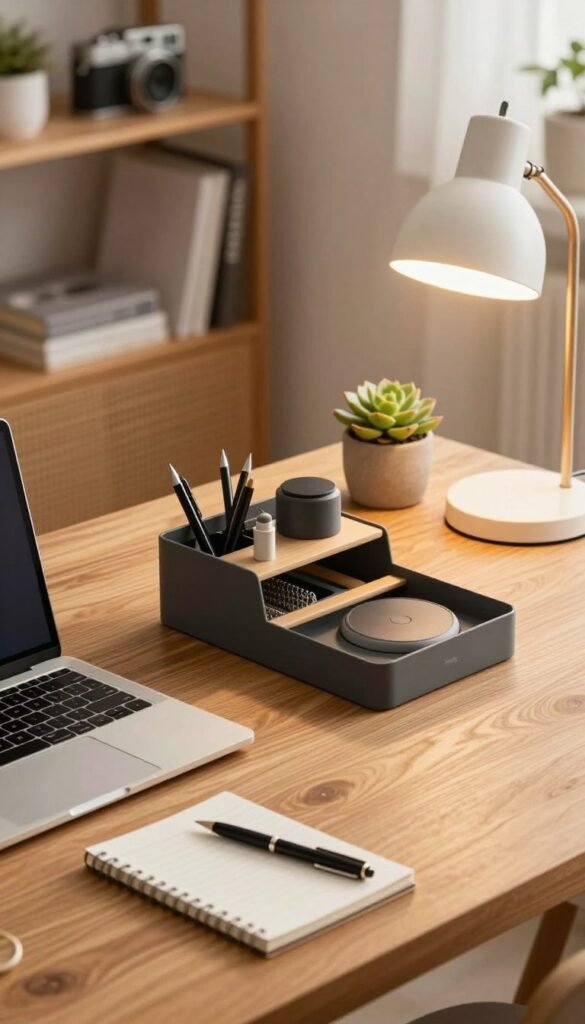 A modern and organized desk scene, showcasing a stylish wooden desk with sleek, practical gadgets arranged neatly. In the foreground, include a minimalistic laptop, an elegant notepad with a pen, and a compact desk organizer holding various stationery items. The middle ground features a potted succulent for a touch of greenery, alongside a stylish desk lamp emitting warm, soft light. In the background, a cozy home office environment with blurred shelves adorned with books and tech accessories, creating a Pinterest-inspired aesthetic. The overall mood is warm and inviting, emphasizing cleanliness and tidiness, with the brand name "TechKiste" subtly incorporated into one of the gadgets. The composition should be shot from a slightly elevated angle to capture all elements harmoniously. A modern and organized desk scene, showcasing a stylish wooden desk with sleek, practical gadgets arranged neatly. In the foreground, include a minimalistic laptop, an elegant notepad with a pen, and a compact desk organizer holding various stationery items. The middle ground features a potted succulent for a touch of greenery, alongside a stylish desk lamp emitting warm, soft light. In the background, a cozy home office environment with blurred shelves adorned with books and tech accessories, creating a Pinterest-inspired aesthetic. The overall mood is warm and inviting, emphasizing cleanliness and tidiness, with the brand name "TechKiste" subtly incorporated into one of the gadgets. The composition should be shot from a slightly elevated angle to capture all elements harmoniously.