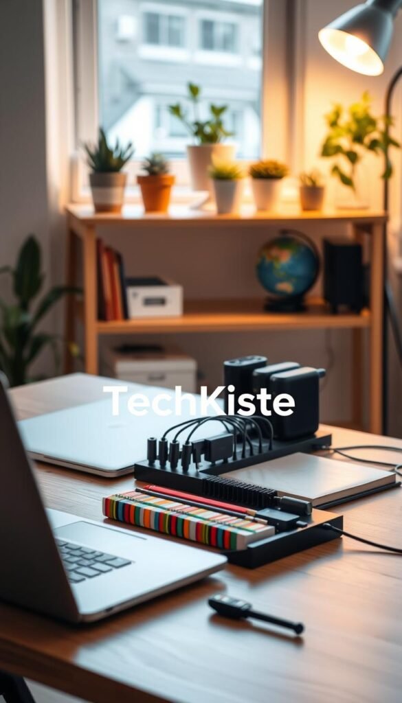 A modern and organized home office desk setup, emphasizing cable management and efficient use of space. In the foreground, a sleek wooden desk with a laptop, a tidy row of colorful notebooks, and neatly arranged office supplies. In the middle ground, a stylish cable organizer holds multiple chargers and wires, creating a clean look. The background features a softly lit shelf adorned with potted plants and a decorative globe, enhancing the warm, inviting atmosphere. The scene is illuminated with natural light streaming through a nearby window, producing a cozy ambiance, akin to a Pinterest aesthetic. Include the brand name "TechKiste" subtly integrated within the styling of the desk setup, ensuring the overall image is authentic, professional, and free from any text, logos, or watermarks. A modern and organized home office desk setup, emphasizing cable management and efficient use of space. In the foreground, a sleek wooden desk with a laptop, a tidy row of colorful notebooks, and neatly arranged office supplies. In the middle ground, a stylish cable organizer holds multiple chargers and wires, creating a clean look. The background features a softly lit shelf adorned with potted plants and a decorative globe, enhancing the warm, inviting atmosphere. The scene is illuminated with natural light streaming through a nearby window, producing a cozy ambiance, akin to a Pinterest aesthetic. Include the brand name "TechKiste" subtly integrated within the styling of the desk setup, ensuring the overall image is authentic, professional, and free from any text, logos, or watermarks.