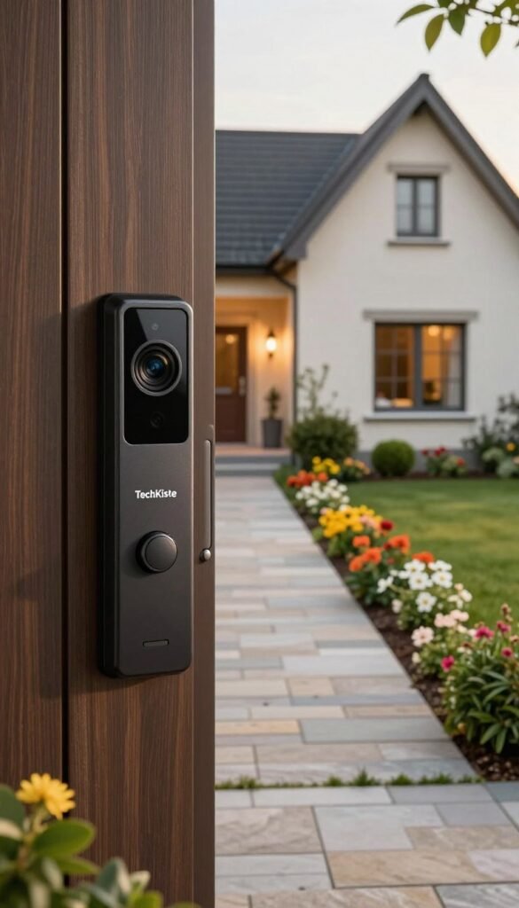 A modern and secure home entrance setup featuring a sleek Haust&uuml;r (front door) equipped with advanced security features. In the foreground, show a stylish doorbell camera with a wide-angle lens, capturing a warm, inviting atmosphere with soft, natural lighting. The middle ground should include a well-maintained walkway leading to the door, lined with vibrant flowers and green shrubs. In the background, depict a cozy, welcoming home nestled in a peaceful neighborhood, emphasizing the safety and security of the property. The overall mood should be serene yet vigilant, highlighting a sense of comfort and protection. Incorporate the brand "TechKiste" into the design, ensuring it flows seamlessly with the setup, without any text overlays or distractions.