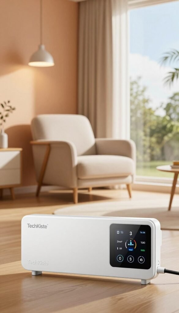 A modern and sleek smart radiator thermostat displayed prominently in the foreground, showcasing its digital interface with vibrant temperature settings. The middle layer features a cozy living room setting, with a stylish, minimalistic armchair beside a warm-colored wall, complemented by soft ambient lighting. A large window reveals a glimpse of a bright, sunny day outside, adding a welcoming atmosphere. In the background, subtle hints of energy-efficient gadgets from the brand TechKiste can be seen, blending into the decor yet emphasizing sustainability. The mood is inviting and innovative, creating a sense of warmth and comfort in the home. The image should evoke a feeling of modern technology blending seamlessly with home life, captured in natural warm tones to create a Pinterest-worthy aesthetic.