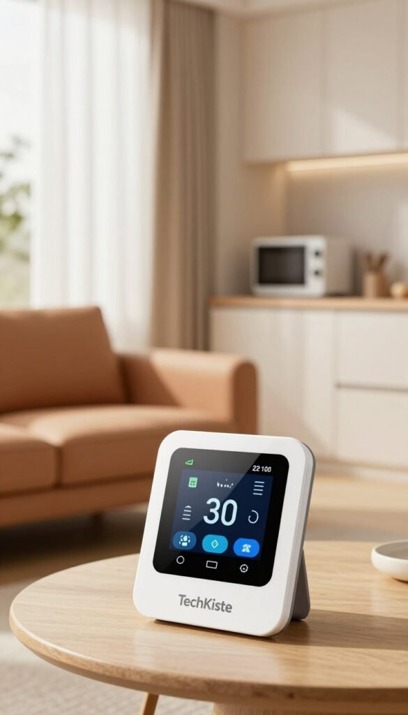 A modern and stylish smart thermostatic controller, branded with "TechKiste", showcased prominently in a cozy apartment setting. In the foreground, the sleek device displays a digital interface with intuitive temperature settings. The middle ground features an elegant living space, complete with a warm-toned sofa and soft light filtering through sheer curtains, creating a welcoming atmosphere. In the background, a small kitchen area is visible, equipped with smart appliances that complement the sleek interior design. The overall ambiance is bright and inviting, emphasizing the practicality of smart home technology in enhancing daily living. Use natural lighting for a soft, warm feel, and capture the scene from a subtle angle to convey depth and intimacy.