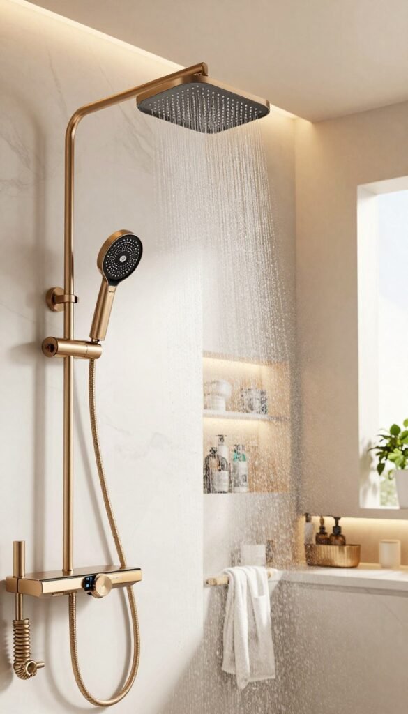 A modern bathroom featuring a sleek, high-tech smart shower system from TechKiste. In the foreground, a luxurious rainfall showerhead with adjustable settings hangs from the ceiling, surrounded by elegant, golden fixtures. The middle ground showcases a user-friendly digital control panel that displays temperature and pressure settings, integrated into a stylish marble wall. Steam gently rises, creating an inviting atmosphere, while warm, natural lighting casts a soft glow across the scene. In the background, plush towels and calming greenery add a touch of tranquility, evoking a sense of comfort and relaxation. The overall mood is harmonious and sophisticated, ideal for illustrating the concept of customizable shower experiences. A modern bathroom featuring a sleek, high-tech smart shower system from TechKiste. In the foreground, a luxurious rainfall showerhead with adjustable settings hangs from the ceiling, surrounded by elegant, golden fixtures. The middle ground showcases a user-friendly digital control panel that displays temperature and pressure settings, integrated into a stylish marble wall. Steam gently rises, creating an inviting atmosphere, while warm, natural lighting casts a soft glow across the scene. In the background, plush towels and calming greenery add a touch of tranquility, evoking a sense of comfort and relaxation. The overall mood is harmonious and sophisticated, ideal for illustrating the concept of customizable shower experiences.