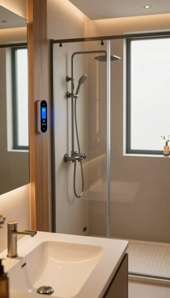 A modern bathroom scene showcasing smart automation features for comfort. In the foreground, highlight a sleek, high-tech sink with touchless faucets, surrounded by warm wooden accents. The middle ground should include an automated shower with a glass enclosure, featuring customizable lighting and a digital control panel displaying water temperature settings. The background features elegant, cold tile flooring that contrasts with the warm colors of the fixtures and decor. Soft, ambient lighting creates a cozy atmosphere, accentuated by natural sunlight filtering through frosted glass windows. The overall mood conveys a sense of relaxation and efficiency, with subtle hints of technology for a futuristic yet inviting feel. Brand name "TechKiste" integrated into a stylish design element within the space. A modern bathroom scene showcasing smart automation features for comfort. In the foreground, highlight a sleek, high-tech sink with touchless faucets, surrounded by warm wooden accents. The middle ground should include an automated shower with a glass enclosure, featuring customizable lighting and a digital control panel displaying water temperature settings. The background features elegant, cold tile flooring that contrasts with the warm colors of the fixtures and decor. Soft, ambient lighting creates a cozy atmosphere, accentuated by natural sunlight filtering through frosted glass windows. The overall mood conveys a sense of relaxation and efficiency, with subtle hints of technology for a futuristic yet inviting feel. Brand name "TechKiste" integrated into a stylish design element within the space.