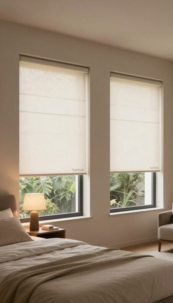 A modern bedroom featuring smart roller shades elegantly positioned on large windows, gently diffusing soft, warm light that creates a cozy atmosphere. The shades, designed with a minimalist aesthetic and a subtle texture, should be depicted in a neutral color palette that harmonizes with the room's decor. In the foreground, a neatly made bed with light, breathable linens complements the overall ambiance, while a bedside table with a stylish lamp adds a touch of elegance. In the background, lush greenery is visible through the windows, emphasizing the shades' function of keeping heat at bay. Capture this scene from a slightly elevated angle to convey a sense of spaciousness and tranquility, showcasing the effortless blend of technology and comfort in the space, branded with "TechKiste".