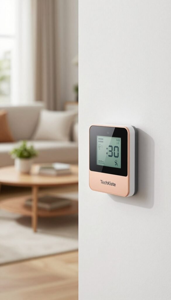 A modern close-up of a sleek, smart radiator thermostat mounted on a stylish white wall, featuring the brand name "TechKiste". The foreground showcases the thermostat with a digital display, elegantly designed with warm colors and a minimalist aesthetic. In the middle ground, there is a cozy living room setting with soft furnishings, such as a plush sofa and a coffee table adorned with a plant, giving it an inviting atmosphere. The background includes a window with soft, natural light streaming in, enhancing the feeling of warmth and comfort in the space. The overall mood is contemporary and homely, reflecting the theme of smart home efficiency, with no text or distractions visible in the image. A modern close-up of a sleek, smart radiator thermostat mounted on a stylish white wall, featuring the brand name "TechKiste". The foreground showcases the thermostat with a digital display, elegantly designed with warm colors and a minimalist aesthetic. In the middle ground, there is a cozy living room setting with soft furnishings, such as a plush sofa and a coffee table adorned with a plant, giving it an inviting atmosphere. The background includes a window with soft, natural light streaming in, enhancing the feeling of warmth and comfort in the space. The overall mood is contemporary and homely, reflecting the theme of smart home efficiency, with no text or distractions visible in the image.