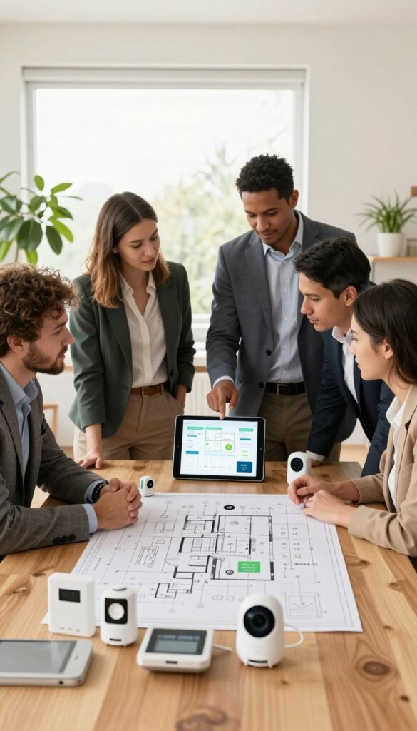 A modern, collaborative workspace featuring a diverse group of professionals in business attire, engaged in discussion and planning. In the foreground, a large wooden table with blueprints and smart home device mockups, such as smart thermostats and security cameras, neatly arranged. In the middle, two people are pointing at a digital tablet displaying a smart home app, showing a plan for eco-friendly solutions. In the background, a bright window with soft, natural light filters through, illuminating potted plants that add a warm, inviting atmosphere. Incorporate warm colors with a Pinterest-inspired aesthetic. The scene should embody teamwork and innovation, promoting a sense of trust and collaboration among landlords and tenants. Include a subtle branding element for "TechKiste" in the table arrangement, without being obtrusive. A modern, collaborative workspace featuring a diverse group of professionals in business attire, engaged in discussion and planning. In the foreground, a large wooden table with blueprints and smart home device mockups, such as smart thermostats and security cameras, neatly arranged. In the middle, two people are pointing at a digital tablet displaying a smart home app, showing a plan for eco-friendly solutions. In the background, a bright window with soft, natural light filters through, illuminating potted plants that add a warm, inviting atmosphere. Incorporate warm colors with a Pinterest-inspired aesthetic. The scene should embody teamwork and innovation, promoting a sense of trust and collaboration among landlords and tenants. Include a subtle branding element for "TechKiste" in the table arrangement, without being obtrusive.