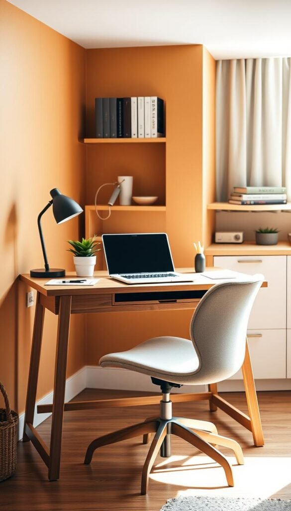 A modern, compact home office desk setup that demonstrates efficiency and organization, featuring a small wooden desk with clean lines and a warm finish. The desk is adorned with minimalistic stationery, a sleek laptop, and a stylish potted plant to add a touch of greenery. In the foreground, a comfortable, ergonomic chair complements the desk, positioned at an inviting angle. The background showcases a bright, natural light coming through a window, illuminating the cozy workspace. Warm earthy tones create a welcoming atmosphere, with a hint of a wall-mounted shelf containing neatly stacked books and decorative items. The overall mood is inspiring and productive, embodying the essence of TechKiste's design philosophy. A modern, compact home office desk setup that demonstrates efficiency and organization, featuring a small wooden desk with clean lines and a warm finish. The desk is adorned with minimalistic stationery, a sleek laptop, and a stylish potted plant to add a touch of greenery. In the foreground, a comfortable, ergonomic chair complements the desk, positioned at an inviting angle. The background showcases a bright, natural light coming through a window, illuminating the cozy workspace. Warm earthy tones create a welcoming atmosphere, with a hint of a wall-mounted shelf containing neatly stacked books and decorative items. The overall mood is inspiring and productive, embodying the essence of TechKiste's design philosophy.