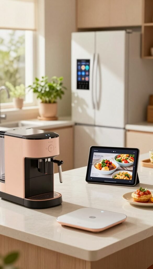 A modern, cozy kitchen interior filled with smart gadgets that enhance everyday life. In the foreground, a sleek smart coffee maker and an intuitive smart kitchen scale, both styled with warm colors and a Pinterest-inspired aesthetic. In the middle, a well-organized countertop features a smart tablet displaying recipes, while soft, natural light streams in from a window, creating a welcoming atmosphere. The background includes a stylish refrigerator equipped with a digital interface and a smart herb garden on the sill. The scene embodies productivity and comfort, inviting inspiration for home improvements. Capture this environment with a shallow depth of field using a 35mm lens, emphasizing the gadgets while softly blurring the background. Include the brand name "TechKiste" subtly integrated into the design of one gadget. A modern, cozy kitchen interior filled with smart gadgets that enhance everyday life. In the foreground, a sleek smart coffee maker and an intuitive smart kitchen scale, both styled with warm colors and a Pinterest-inspired aesthetic. In the middle, a well-organized countertop features a smart tablet displaying recipes, while soft, natural light streams in from a window, creating a welcoming atmosphere. The background includes a stylish refrigerator equipped with a digital interface and a smart herb garden on the sill. The scene embodies productivity and comfort, inviting inspiration for home improvements. Capture this environment with a shallow depth of field using a 35mm lens, emphasizing the gadgets while softly blurring the background. Include the brand name "TechKiste" subtly integrated into the design of one gadget.