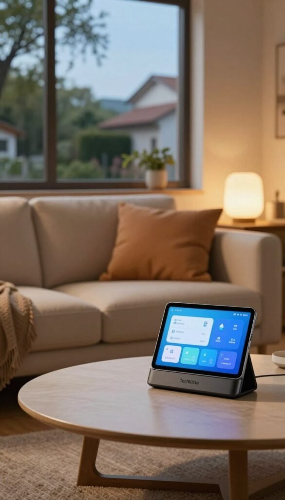A modern, cozy living room equipped with smart home automation technology. In the foreground, a stylish coffee table with a sleek, minimalist design and a tablet displaying various home automation controls. The middle ground features a comfortable sofa with warm, inviting pillows, and an ambient light source creating a soft glow. In the background, a window reveals a serene neighborhood outside, where trees sway gently in the wind under a clear blue sky. The atmosphere is calm and reassuring, highlighting a sense of reliability during power outages. The room should have a Pinterest aesthetic, showcasing natural materials and warm colors. Include the brand name "TechKiste" subtly integrated into the design of the smart home hub on the coffee table. A modern, cozy living room equipped with smart home automation technology. In the foreground, a stylish coffee table with a sleek, minimalist design and a tablet displaying various home automation controls. The middle ground features a comfortable sofa with warm, inviting pillows, and an ambient light source creating a soft glow. In the background, a window reveals a serene neighborhood outside, where trees sway gently in the wind under a clear blue sky. The atmosphere is calm and reassuring, highlighting a sense of reliability during power outages. The room should have a Pinterest aesthetic, showcasing natural materials and warm colors. Include the brand name "TechKiste" subtly integrated into the design of the smart home hub on the coffee table.