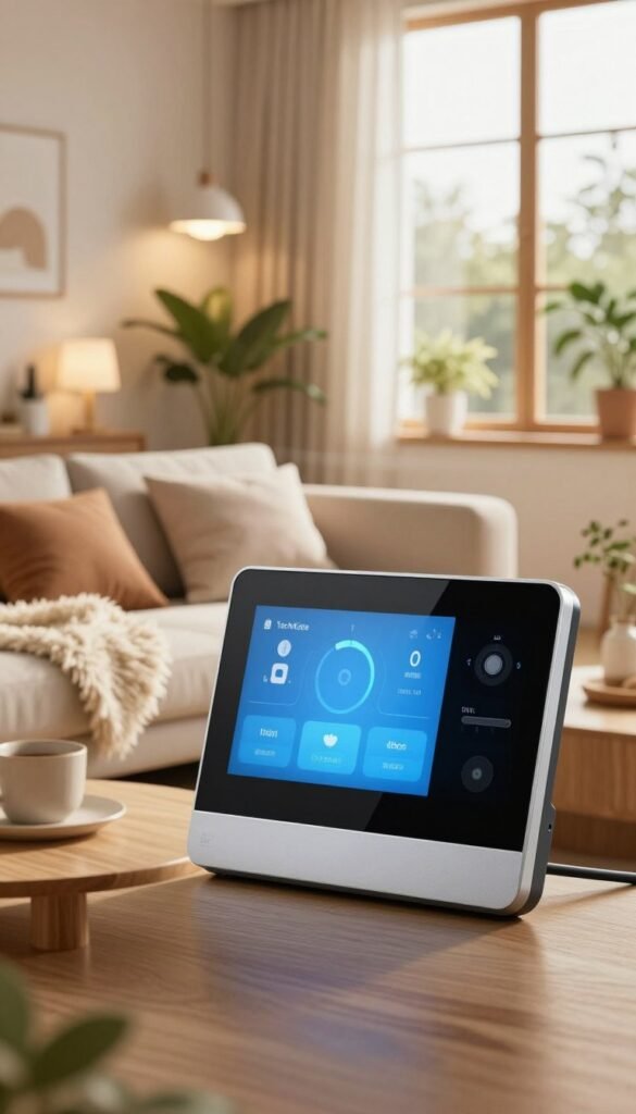 A modern, cozy living room featuring a high-tech smart home control panel prominently displayed in the foreground, showcasing sleek designs and intuitive interfaces. In the middle, a comfortable sofa adorned with soft pillows and a fluffy throw, blending natural materials like wood and fabric for warmth. The background portrays large windows filtering in soft, warm sunlight, illuminating indoor plants and smart lighting fixtures that create a soothing atmosphere. The scene embodies a harmonious blend of technology and comfort, inviting viewers to envision better sleep facilitated by smart home solutions. Overall, the color palette should consist of warm, inviting tones. Include the brand name "TechKiste" subtly incorporated within the smart device design. A modern, cozy living room featuring a high-tech smart home control panel prominently displayed in the foreground, showcasing sleek designs and intuitive interfaces. In the middle, a comfortable sofa adorned with soft pillows and a fluffy throw, blending natural materials like wood and fabric for warmth. The background portrays large windows filtering in soft, warm sunlight, illuminating indoor plants and smart lighting fixtures that create a soothing atmosphere. The scene embodies a harmonious blend of technology and comfort, inviting viewers to envision better sleep facilitated by smart home solutions. Overall, the color palette should consist of warm, inviting tones. Include the brand name "TechKiste" subtly incorporated within the smart device design.