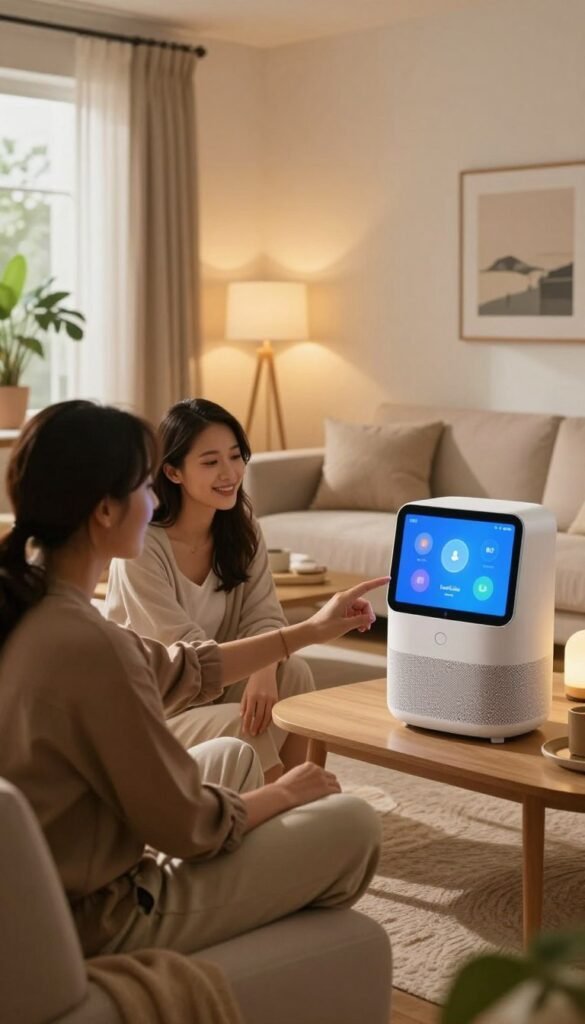 A modern, cozy living room in a rental apartment, showcasing smart home technology. In the foreground, a young professional couple, dressed in smart casual attire, is interacting with a sleek smart speaker and touchscreen control panel. The couple appears engaged and relaxed, embodying the comfort and convenience of smart home living. The middle ground features a comfortable sofa, stylish decor, and ambient smart lighting casting a warm glow throughout the room, while tech-enhanced furniture integrates seamlessly with the cozy aesthetic. The background reveals large windows with natural light pouring in, framed by indoor plants to create a harmonious atmosphere. The overall mood is inviting and contemporary, with soft, warm colors resembling a Pinterest-inspired home. The logo of "TechKiste" subtly integrated into the smart device design enhances the tech-savvy feel. A modern, cozy living room in a rental apartment, showcasing smart home technology. In the foreground, a young professional couple, dressed in smart casual attire, is interacting with a sleek smart speaker and touchscreen control panel. The couple appears engaged and relaxed, embodying the comfort and convenience of smart home living. The middle ground features a comfortable sofa, stylish decor, and ambient smart lighting casting a warm glow throughout the room, while tech-enhanced furniture integrates seamlessly with the cozy aesthetic. The background reveals large windows with natural light pouring in, framed by indoor plants to create a harmonious atmosphere. The overall mood is inviting and contemporary, with soft, warm colors resembling a Pinterest-inspired home. The logo of "TechKiste" subtly integrated into the smart device design enhances the tech-savvy feel.