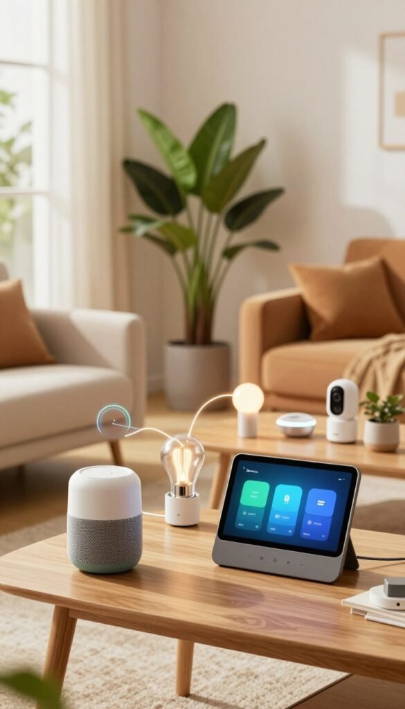 A modern, cozy living room scene showcasing various smart devices connected seamlessly through the Matter protocol, emphasizing ease of use and simplicity. In the foreground, a sleek smart speaker and a stylish smart display placed on a minimalist wooden table, exuding sophistication. In the middle, a vibrant indoor plant and various high-tech gadgets, like smart bulbs and a security camera, connect through soft, glowing lines representing data flow. In the background, a comfortable sofa with warm, welcoming tones, and large windows allowing natural light to pour in, creating an inviting atmosphere. The image should evoke a sense of harmony and innovation in technology. Use a warm color palette and a Pinterest aesthetic to reflect authenticity and a contemporary feel. Include branding subtly with "TechKiste" on a device. A modern, cozy living room scene showcasing various smart devices connected seamlessly through the Matter protocol, emphasizing ease of use and simplicity. In the foreground, a sleek smart speaker and a stylish smart display placed on a minimalist wooden table, exuding sophistication. In the middle, a vibrant indoor plant and various high-tech gadgets, like smart bulbs and a security camera, connect through soft, glowing lines representing data flow. In the background, a comfortable sofa with warm, welcoming tones, and large windows allowing natural light to pour in, creating an inviting atmosphere. The image should evoke a sense of harmony and innovation in technology. Use a warm color palette and a Pinterest aesthetic to reflect authenticity and a contemporary feel. Include branding subtly with "TechKiste" on a device.