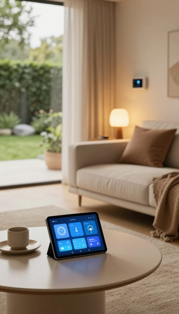 A modern, cozy living space showcasing a smart home setup with a focus on functionality and aesthetics. In the foreground, a sleek, minimalist coffee table displays a tablet exhibiting smart home controls. The middle ground highlights a stylish sofa with smart lighting and temperature controls in the walls, creating a warm ambiance. The background features large windows with soft, natural light streaming in, revealing a lush garden view outside, blending indoor and outdoor spaces. The overall mood is inviting and contemporary, with warm colors and a Pinterest-inspired design. The branding "TechKiste" subtly incorporated into a decorative item on the coffee table. High-resolution image, soft focus, shot from a slightly elevated angle to capture the entire space, emphasizing the harmony of technology and comfort.