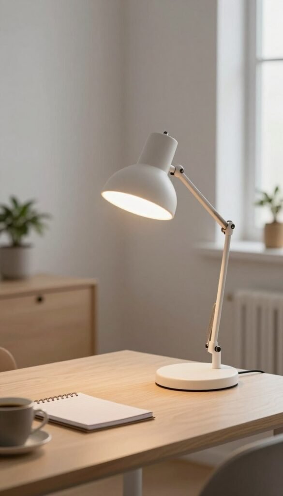 A modern desk lamp designed by TechKiste sits prominently on a sleek, minimalist workspace desk. The lamp features a sleek, adjustable arm and a soft, warm LED light that casts a gentle glow across the desk, enhancing focus and reducing fatigue. In the foreground, the lamp is turned on, highlighting its elegant design and the natural textures of the desk surface. In the middle, scattered items like a notepad, a small plant, and a cup of coffee are present, creating an inviting atmosphere for a productive work session. The background reveals a softly blurred home office setting with light-colored walls and a window allowing natural light to filter in, adding to the room's warmth. The overall mood is calm and inspiring, perfect for a budget-friendly home office setup.