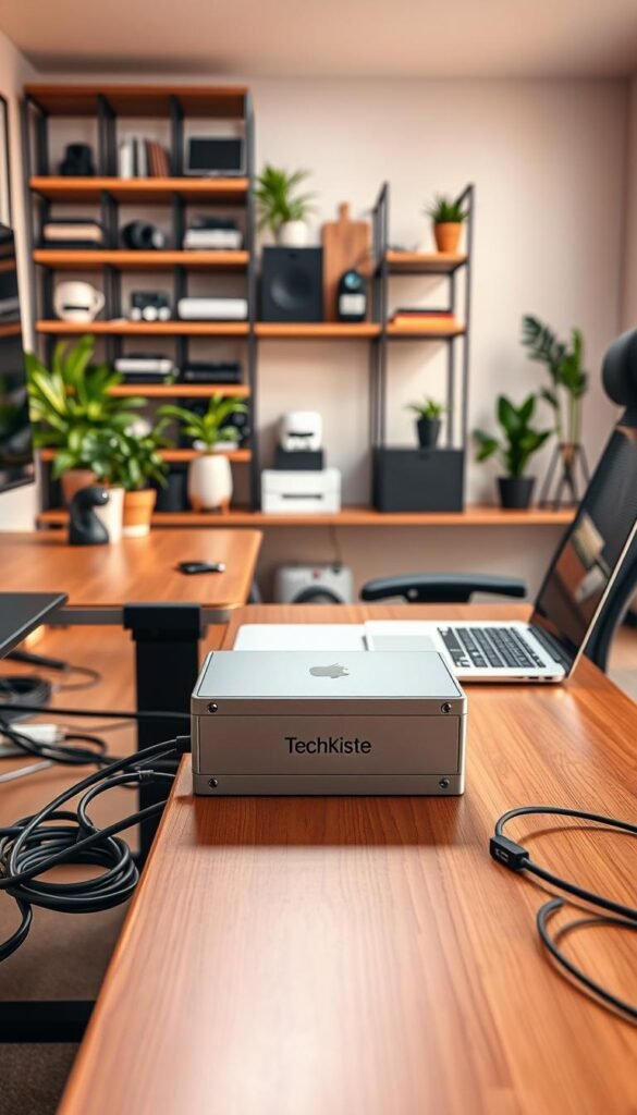 A modern desk setup optimized for cable management, featuring a sleek wooden desk with various neatly organized cables running through cable trays and clips under the surface. In the foreground, focus on a cable management box labeled “TechKiste,” showcasing its functionality. The middle ground includes a comfortable ergonomic chair and a laptop, all illuminated by warm, natural lighting that creates a cozy atmosphere. In the background, a stylish bookshelf filled with tech accessories and plants complements the scene, enhancing the Pinterest-inspired aesthetic. Capture this at a slight angle to emphasize depth, ensuring the image exudes a sense of order and professional productivity, with no text or branding overlays. A modern desk setup optimized for cable management, featuring a sleek wooden desk with various neatly organized cables running through cable trays and clips under the surface. In the foreground, focus on a cable management box labeled “TechKiste,” showcasing its functionality. The middle ground includes a comfortable ergonomic chair and a laptop, all illuminated by warm, natural lighting that creates a cozy atmosphere. In the background, a stylish bookshelf filled with tech accessories and plants complements the scene, enhancing the Pinterest-inspired aesthetic. Capture this at a slight angle to emphasize depth, ensuring the image exudes a sense of order and professional productivity, with no text or branding overlays.
