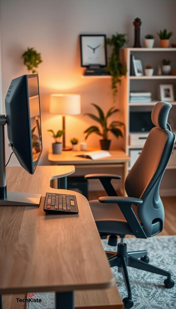 A modern desk setup showcasing ergonomic comfort and functionality. In the foreground, a sleek, adjustable desk with a natural wood finish supports a stylish monitor stand, wireless keyboard, and comfortable, supportive office chair in a professional design, upholstered in soft fabric. The middle features a cozy workspace with a desk lamp casting warm, inviting light and indoor plants adding a touch of nature. The background reveals a tastefully decorated home office with shelves displaying books and decorative items, all in harmonious pastel tones. Captured with a soft focus lens, the scene embodies a warm, inviting mood, reminiscent of popular Pinterest aesthetics, showcasing the balance of comfort and ergonomics in a workspace. TechKiste branding subtly integrated into the equipment without any text or logos visible. A modern desk setup showcasing ergonomic comfort and functionality. In the foreground, a sleek, adjustable desk with a natural wood finish supports a stylish monitor stand, wireless keyboard, and comfortable, supportive office chair in a professional design, upholstered in soft fabric. The middle features a cozy workspace with a desk lamp casting warm, inviting light and indoor plants adding a touch of nature. The background reveals a tastefully decorated home office with shelves displaying books and decorative items, all in harmonious pastel tones. Captured with a soft focus lens, the scene embodies a warm, inviting mood, reminiscent of popular Pinterest aesthetics, showcasing the balance of comfort and ergonomics in a workspace. TechKiste branding subtly integrated into the equipment without any text or logos visible.
