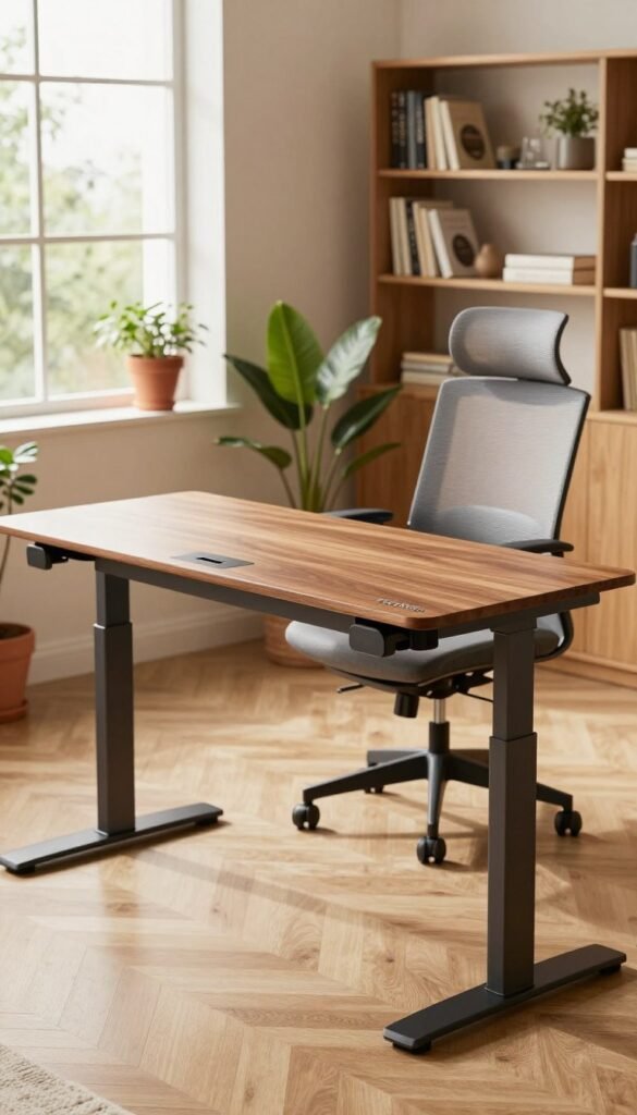 A modern electric height-adjustable desk showcasing sleek design and functionality. In the foreground, the desk features a polished wood surface with integrated touch controls and cable management. In the middle ground, a stylish ergonomic office chair compliments the desk, designed for comfort and support. The background displays a cozy home office setting with natural lighting streaming through a large window, plants in terracotta pots adding a touch of greenery, and a tasteful bookshelf filled with books and decorative items. The overall atmosphere is warm and inviting, embodying a Pinterest-inspired aesthetic. The brand name "TechKiste" is subtly incorporated into the design of the desk. The image captures a professional yet comfortable work environment, promoting productivity and style. A modern electric height-adjustable desk showcasing sleek design and functionality. In the foreground, the desk features a polished wood surface with integrated touch controls and cable management. In the middle ground, a stylish ergonomic office chair compliments the desk, designed for comfort and support. The background displays a cozy home office setting with natural lighting streaming through a large window, plants in terracotta pots adding a touch of greenery, and a tasteful bookshelf filled with books and decorative items. The overall atmosphere is warm and inviting, embodying a Pinterest-inspired aesthetic. The brand name "TechKiste" is subtly incorporated into the design of the desk. The image captures a professional yet comfortable work environment, promoting productivity and style.