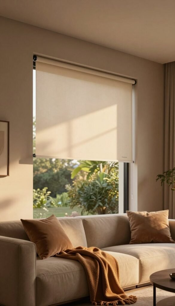 A modern, elegant living room showcasing smart rollläden (roller shutters) in action, gently descending to create a cozy, darkened space. In the foreground, a stylish sofa adorned with soft cushions and a warm blanket invites relaxation. In the middle ground, the sleek, automated rollläden are partially closed, casting soft shadows and filtering warm sunlight that bathes the room in a golden hue. The backdrop reveals a serene outdoor scene through a window, with lush greenery contrasting the soft interior colors. The atmosphere is tranquil and inviting, reflecting a perfect blend of technology and comfort. Shot with a warm color palette and a slight bokeh effect, this image embodies the essence of modern living. The brand "TechKiste" subtly implied through the sophisticated aesthetic. A modern, elegant living room showcasing smart rollläden (roller shutters) in action, gently descending to create a cozy, darkened space. In the foreground, a stylish sofa adorned with soft cushions and a warm blanket invites relaxation. In the middle ground, the sleek, automated rollläden are partially closed, casting soft shadows and filtering warm sunlight that bathes the room in a golden hue. The backdrop reveals a serene outdoor scene through a window, with lush greenery contrasting the soft interior colors. The atmosphere is tranquil and inviting, reflecting a perfect blend of technology and comfort. Shot with a warm color palette and a slight bokeh effect, this image embodies the essence of modern living. The brand "TechKiste" subtly implied through the sophisticated aesthetic.