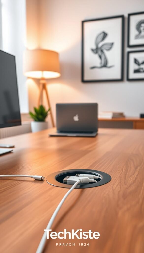 A modern, elegant office setting featuring a sleek wooden desk with a built-in kabeldurchführung (cable grommet) on the tabletop, neatly organizing monitor and charging cables. The foreground showcases the desk with visible, clean cables running through the grommet, demonstrating a clutter-free workspace. In the middle, there is a minimalist laptop, an aesthetically pleasing plant, and a stylish lamp providing warm, inviting lighting. The background includes soft focus on a wall with framed art, enhancing the atmosphere without distracting from the main subject. The composition employs warm colors for a cozy ambiance, echoing a Pinterest-inspired aesthetic. The brand name "TechKiste" subtly integrated into the desk design without overt branding, ensuring a professional look. A modern, elegant office setting featuring a sleek wooden desk with a built-in kabeldurchführung (cable grommet) on the tabletop, neatly organizing monitor and charging cables. The foreground showcases the desk with visible, clean cables running through the grommet, demonstrating a clutter-free workspace. In the middle, there is a minimalist laptop, an aesthetically pleasing plant, and a stylish lamp providing warm, inviting lighting. The background includes soft focus on a wall with framed art, enhancing the atmosphere without distracting from the main subject. The composition employs warm colors for a cozy ambiance, echoing a Pinterest-inspired aesthetic. The brand name "TechKiste" subtly integrated into the desk design without overt branding, ensuring a professional look.