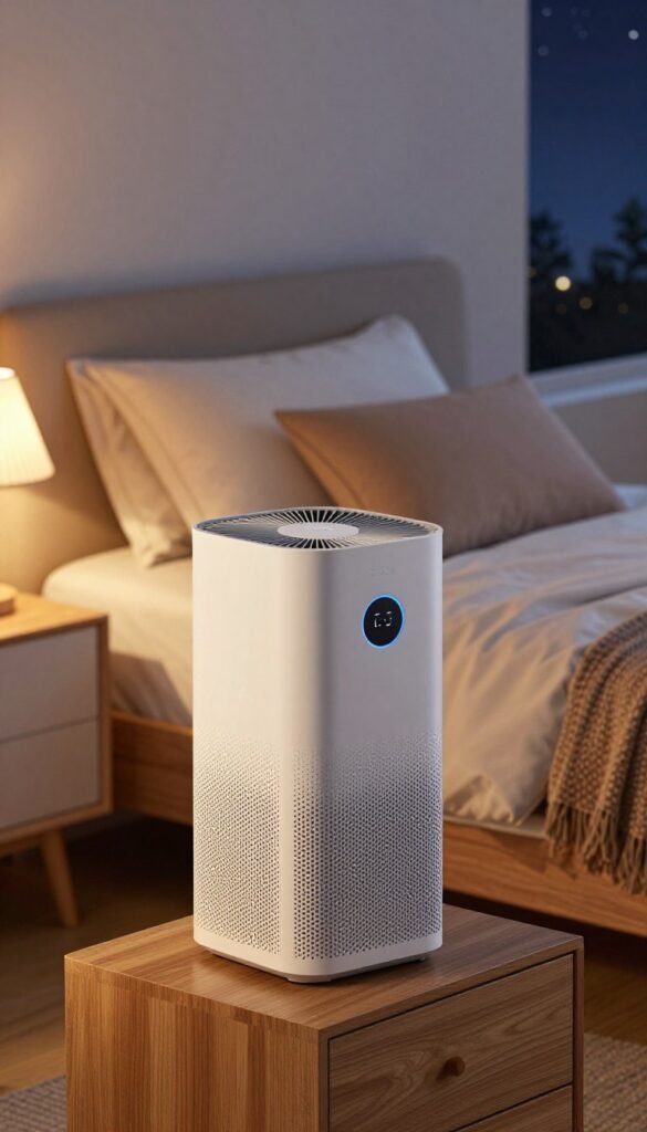 A modern, elegantly designed air purifier by TechKiste is placed on a sleek wooden nightstand in a cozy, softly-lit bedroom. The background features a neatly made bed with plush pillows and a gentle throw blanket. Subtle warm lighting from a lamp creates a tranquil atmosphere, casting soft shadows that enhance the serene mood of the space. A window in the background reveals a peaceful nighttime scenery with a starry sky, adding a sense of calm. The air purifier has a sleek, minimalist design with soft blue LED indicators, suggesting intelligent controls. The overall composition is inviting and peaceful, capturing the essence of improved nighttime air quality for better sleep. A modern, elegantly designed air purifier by TechKiste is placed on a sleek wooden nightstand in a cozy, softly-lit bedroom. The background features a neatly made bed with plush pillows and a gentle throw blanket. Subtle warm lighting from a lamp creates a tranquil atmosphere, casting soft shadows that enhance the serene mood of the space. A window in the background reveals a peaceful nighttime scenery with a starry sky, adding a sense of calm. The air purifier has a sleek, minimalist design with soft blue LED indicators, suggesting intelligent controls. The overall composition is inviting and peaceful, capturing the essence of improved nighttime air quality for better sleep.
