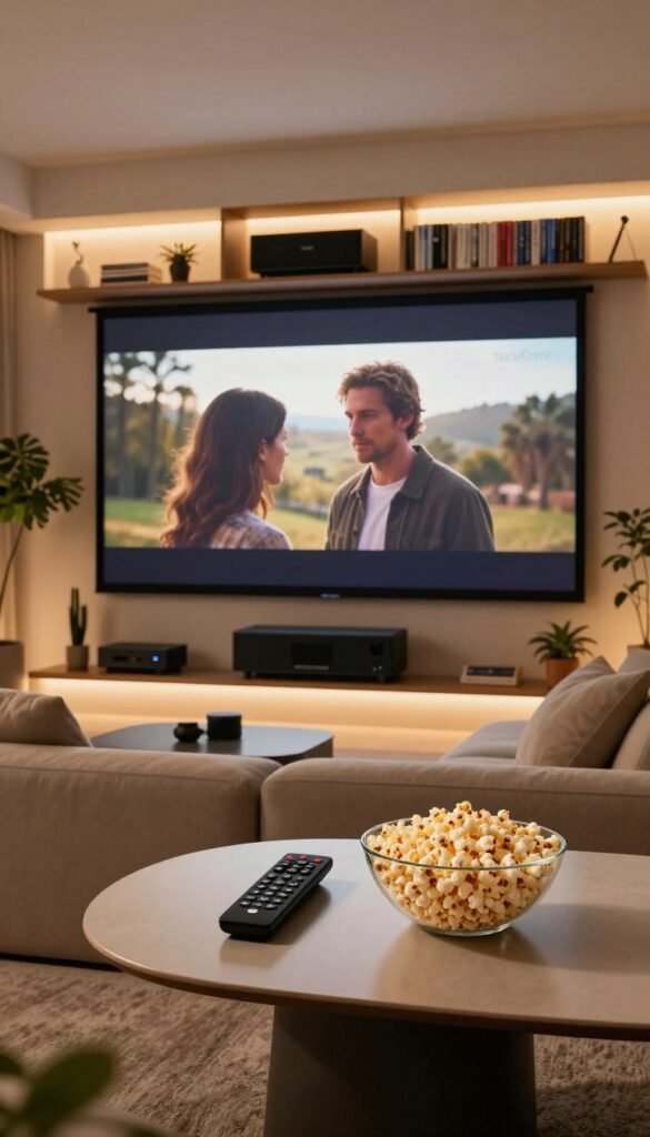 A modern, elegantly designed home theater setup featuring a large, high-definition screen displaying a cinematic scene. In the foreground, a sleek, minimalist coffee table holds stylish remote controls and a bowl of popcorn. The middle ground showcases a plush sofa with soft throw pillows, creating an inviting space for entertainment. Behind, built-in shelves neatly display various media devices and Blu-ray collections, all illuminated by warm, ambient lighting. Soft-focus greenery from potted plants adds a touch of life to the scene, enhancing the cozy atmosphere. The image embraces a Pinterest aesthetic with warm tones, promoting a stress-free and automated home cinema experience. The TechKiste logo is subtly integrated into the design, providing a hint of branding without detracting from the overall ambiance. A modern, elegantly designed home theater setup featuring a large, high-definition screen displaying a cinematic scene. In the foreground, a sleek, minimalist coffee table holds stylish remote controls and a bowl of popcorn. The middle ground showcases a plush sofa with soft throw pillows, creating an inviting space for entertainment. Behind, built-in shelves neatly display various media devices and Blu-ray collections, all illuminated by warm, ambient lighting. Soft-focus greenery from potted plants adds a touch of life to the scene, enhancing the cozy atmosphere. The image embraces a Pinterest aesthetic with warm tones, promoting a stress-free and automated home cinema experience. The TechKiste logo is subtly integrated into the design, providing a hint of branding without detracting from the overall ambiance.