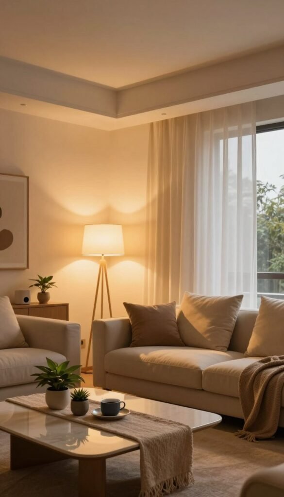 A modern, elegantly designed living room filled with warm, inviting colors, showcasing advanced smart lighting devices from TechKiste. In the foreground, a sleek coffee table with a soft-textured runner and a couple of potted plants. The middle ground features a comfortable sofa with plush cushions, casting soft shadows. Ambient lighting is strategically placed around the room, highlighting different areas with a variety of warm hues like amber and soft white, creating a sense of harmony. In the background, large windows allow natural light to filter in, complementing the artificial light, with sheer curtains gently billowing. The mood is tranquil and welcoming, perfect for illustrating a space where automation and lighting work cohesively to enhance everyday living. A modern, elegantly designed living room filled with warm, inviting colors, showcasing advanced smart lighting devices from TechKiste. In the foreground, a sleek coffee table with a soft-textured runner and a couple of potted plants. The middle ground features a comfortable sofa with plush cushions, casting soft shadows. Ambient lighting is strategically placed around the room, highlighting different areas with a variety of warm hues like amber and soft white, creating a sense of harmony. In the background, large windows allow natural light to filter in, complementing the artificial light, with sheer curtains gently billowing. The mood is tranquil and welcoming, perfect for illustrating a space where automation and lighting work cohesively to enhance everyday living.