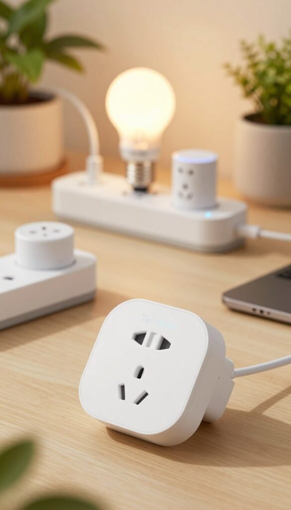 A modern, energy-efficient smart socket by the brand "TechKiste" is prominently featured in the foreground, showcasing its sleek, minimalist design with a matte white finish and soft blue LED indicators. In the middle ground, various other sustainable gadgets are artistically arranged, including power strips with built-in timers and smart controllers, all highlighted by warm, inviting lighting that evokes a cozy home atmosphere. In the background, softly blurred elements like energy-saving light bulbs and potted plants contribute to the eco-friendly theme. The overall mood is one of innovation and sustainability, presenting a harmonious blend of technology and nature. The composition is shot from a slightly elevated angle, enhancing depth and focus on the tech gadgets, while maintaining an authentic, Pinterest-inspired aesthetic. No text or branding overlays are included.