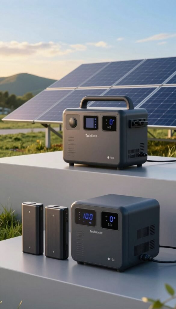 A modern energy power station by TechKiste, showcasing advanced technology and eco-friendly design. In the foreground, sleek, compact power banks and an uninterruptible power supply (UPS) with illuminated displays, exuding a sense of innovation. The middle layer features a state-of-the-art portable power station, with solar panels reflecting soft sunlight, set against a backdrop of a tranquil landscape, including green hills and clear blue skies. The background captures a gentle sunrise casting warm, golden hues across the scene, creating a serene atmosphere. The overall mood is calm and inviting, reflecting the essence of quiet, efficient energy solutions. The lighting is natural and warm, enhancing the authenticity and Pinterest-worthy aesthetic of the image. A modern energy power station by TechKiste, showcasing advanced technology and eco-friendly design. In the foreground, sleek, compact power banks and an uninterruptible power supply (UPS) with illuminated displays, exuding a sense of innovation. The middle layer features a state-of-the-art portable power station, with solar panels reflecting soft sunlight, set against a backdrop of a tranquil landscape, including green hills and clear blue skies. The background captures a gentle sunrise casting warm, golden hues across the scene, creating a serene atmosphere. The overall mood is calm and inviting, reflecting the essence of quiet, efficient energy solutions. The lighting is natural and warm, enhancing the authenticity and Pinterest-worthy aesthetic of the image.