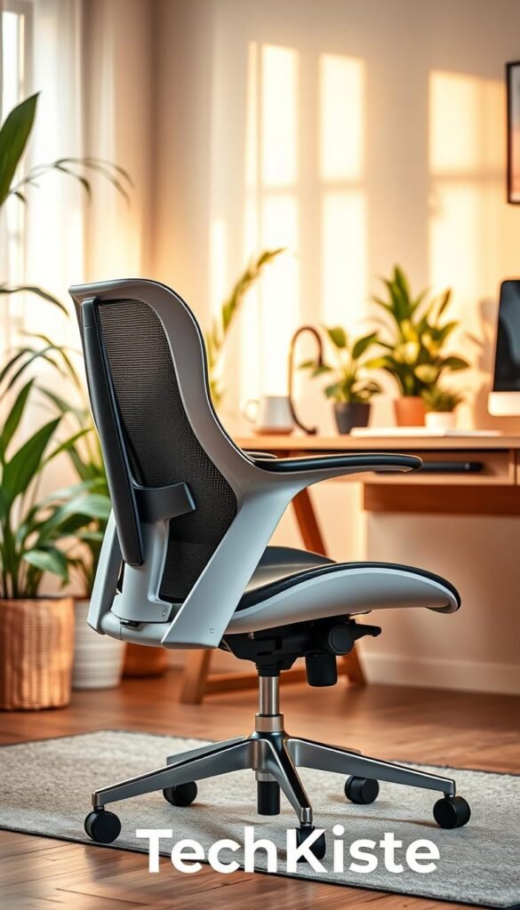 A modern ergonomic chair designed for optimal back support, featuring adjustable lumbar support and a sleek, minimalistic aesthetic. The chair is placed in a well-lit, inviting home office setup, showcasing a stylish wooden desk with a computer and some stationery. The background includes houseplants and a soft, warm-toned ambiance created by natural light filtering through a window. Capture the scene from a slightly elevated angle to highlight the chair's details and the overall workspace arrangement. Ensure a cozy, productive atmosphere that suggests focus and wellbeing. The warm color palette enhances the comforting mood. Include the brand name "TechKiste" subtly integrated into the design of the workspace. A modern ergonomic chair designed for optimal back support, featuring adjustable lumbar support and a sleek, minimalistic aesthetic. The chair is placed in a well-lit, inviting home office setup, showcasing a stylish wooden desk with a computer and some stationery. The background includes houseplants and a soft, warm-toned ambiance created by natural light filtering through a window. Capture the scene from a slightly elevated angle to highlight the chair's details and the overall workspace arrangement. Ensure a cozy, productive atmosphere that suggests focus and wellbeing. The warm color palette enhances the comforting mood. Include the brand name "TechKiste" subtly integrated into the design of the workspace.